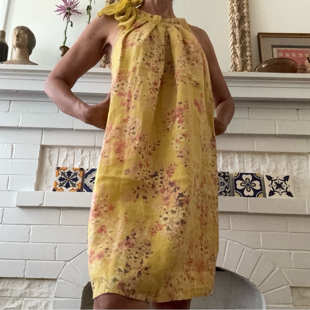 BELLAMBRA Yellow Floral Linen Dress Sz-XS